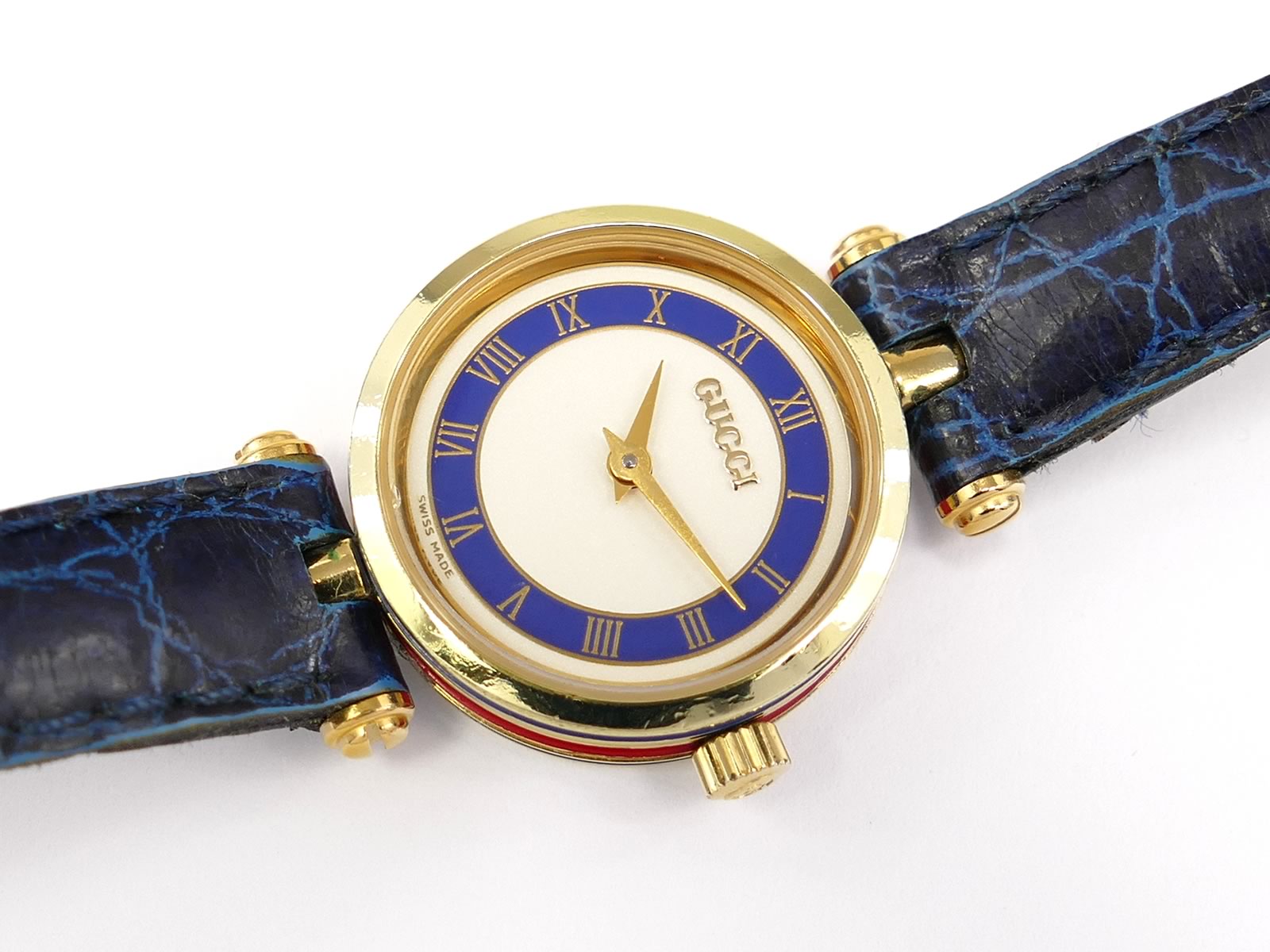 Gucci 2000L White & Blue Dial 18k Gold Plated case with red and blue enamel
