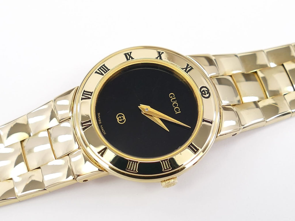 Gucci 3300L Black Dial 18k Gold Plated with Roman Numeral Bezel