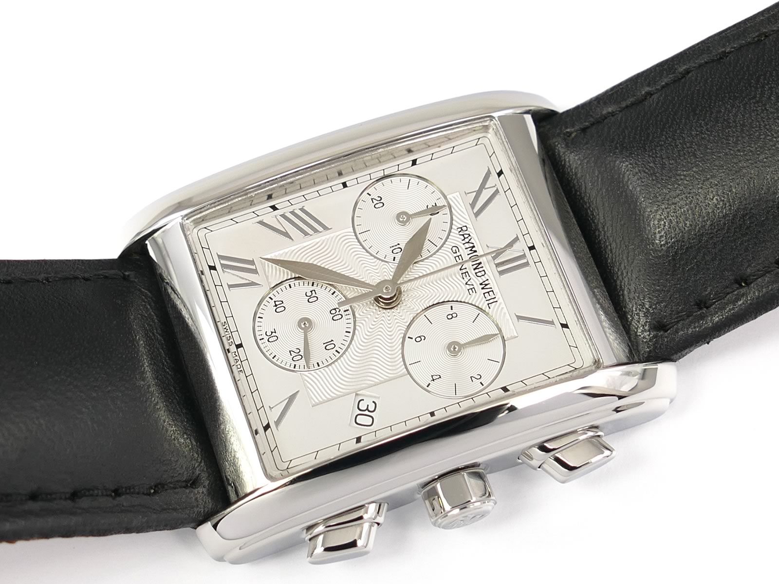 Raymond Weil Don Giovanni Silver Guilloche Dial Rectangular Chronograph 4873-STC-00659 date