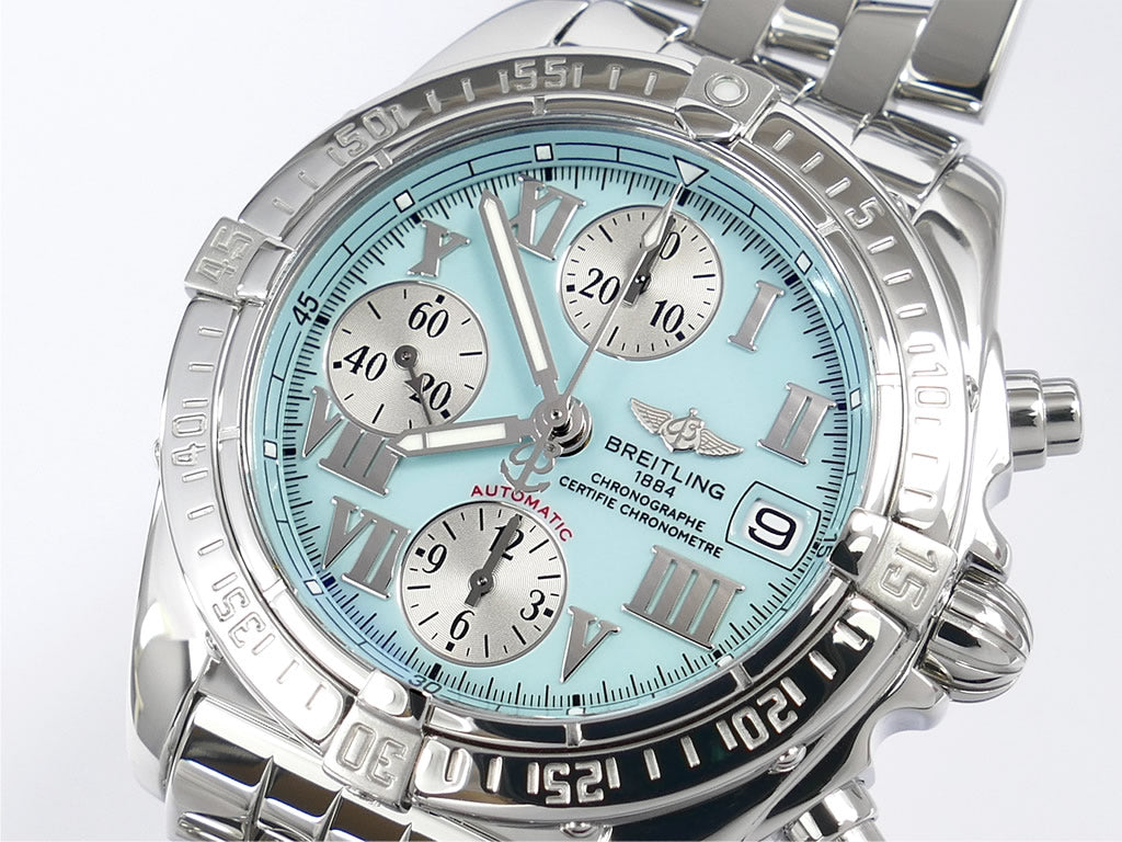 Breitling Chrono Cockpit A13358 turquoise and silver Roman Numeral dial