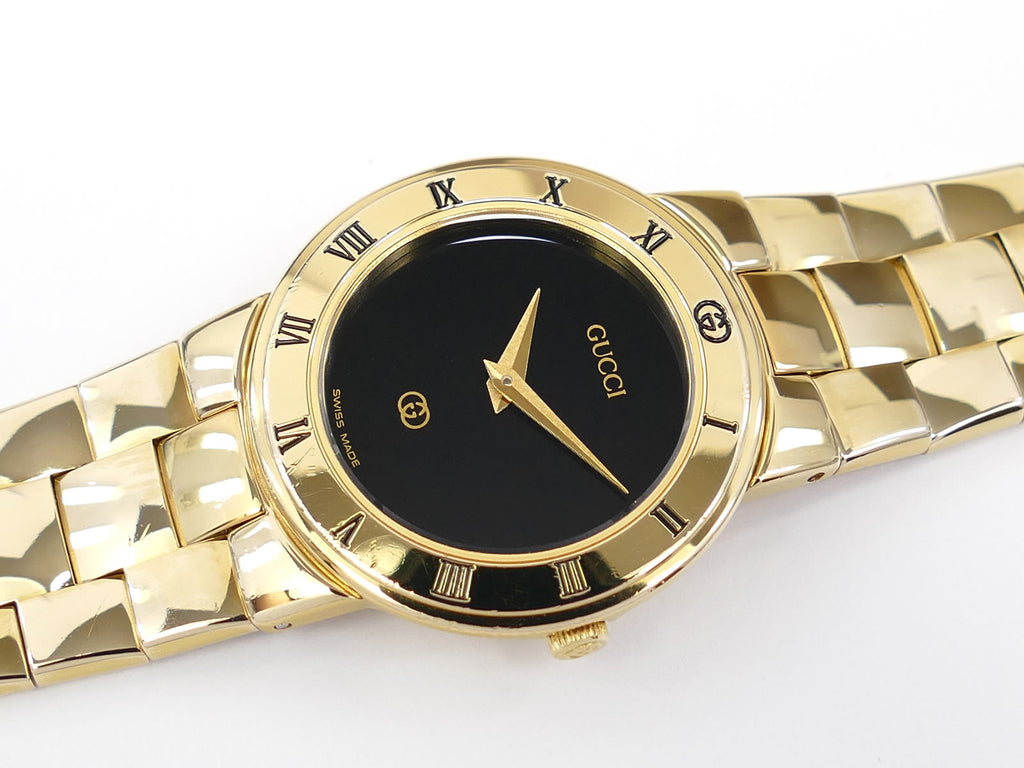 Gucci 3300L Black Dial 18k Gold Plated Roman Numeral Bezel