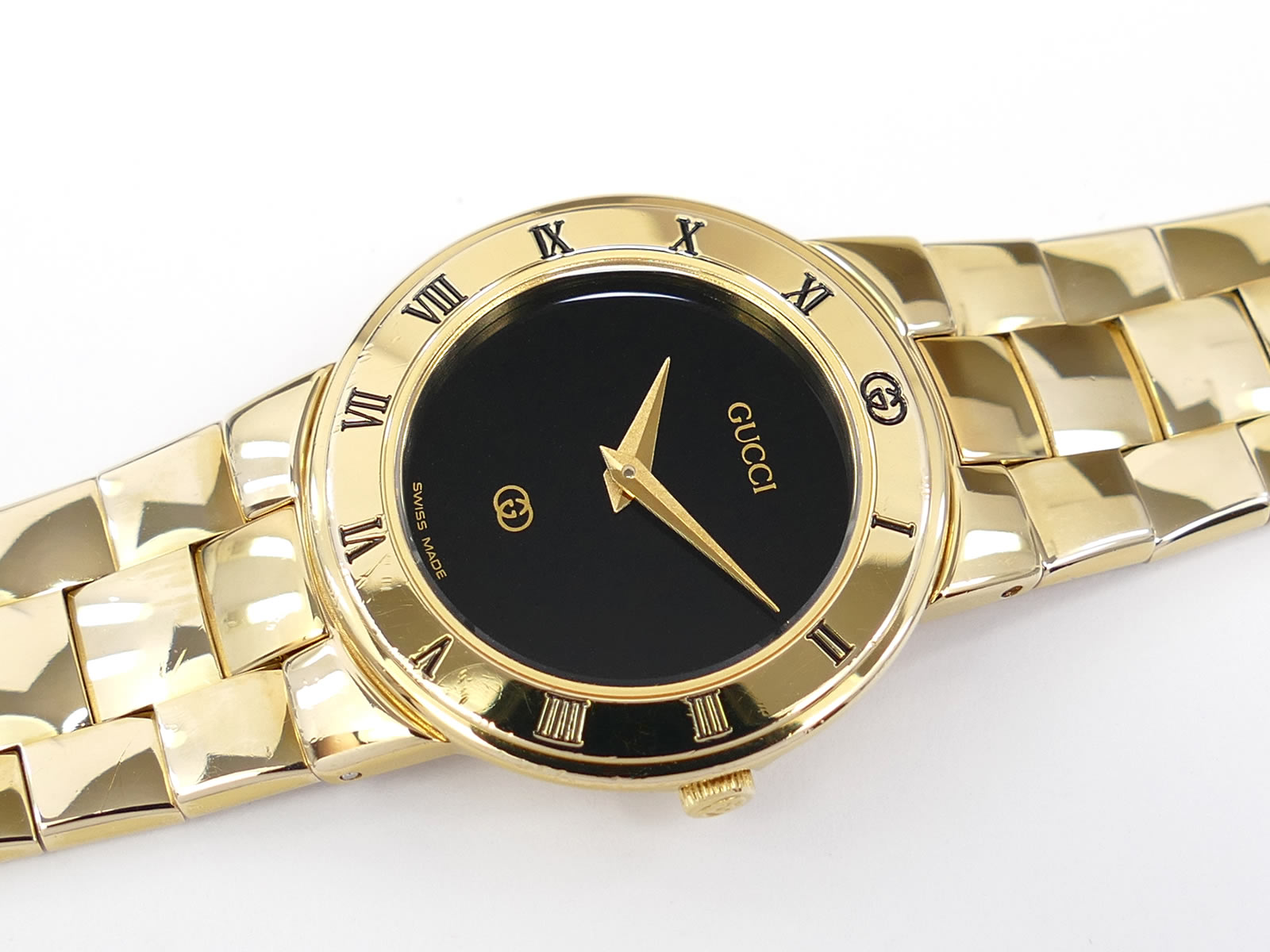 Gucci 3300L Black Dial 18k Gold Plated Roman Numeral Bezel