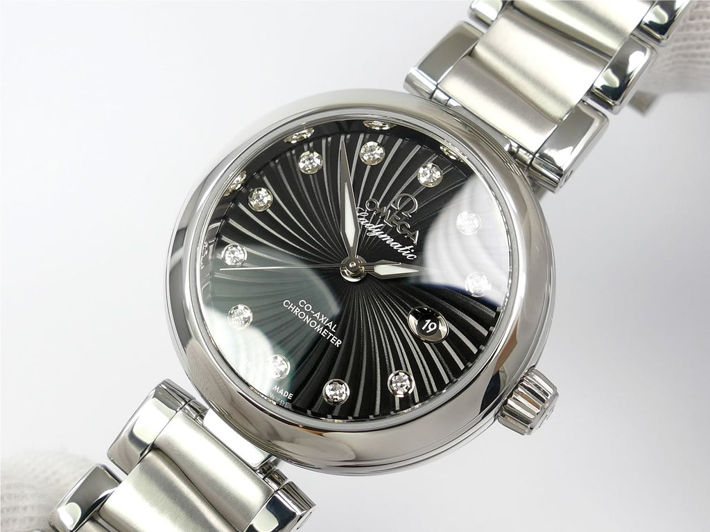 Omega De Ville Ladymatic Black Co-Axial Chronometer 425.30.34.20.51.001 swirl pattern dial