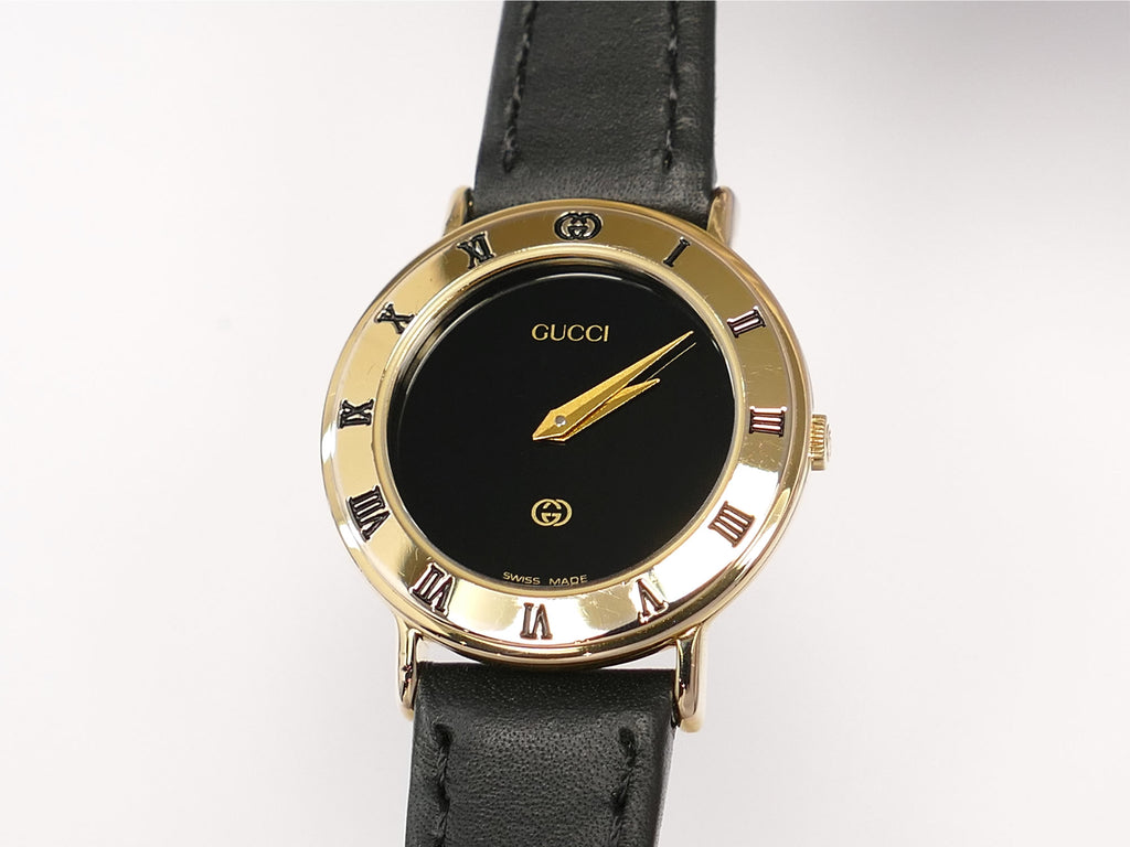 Gucci 3000L Black Dial 18k Gold Plated with Roman Numeral Bezel