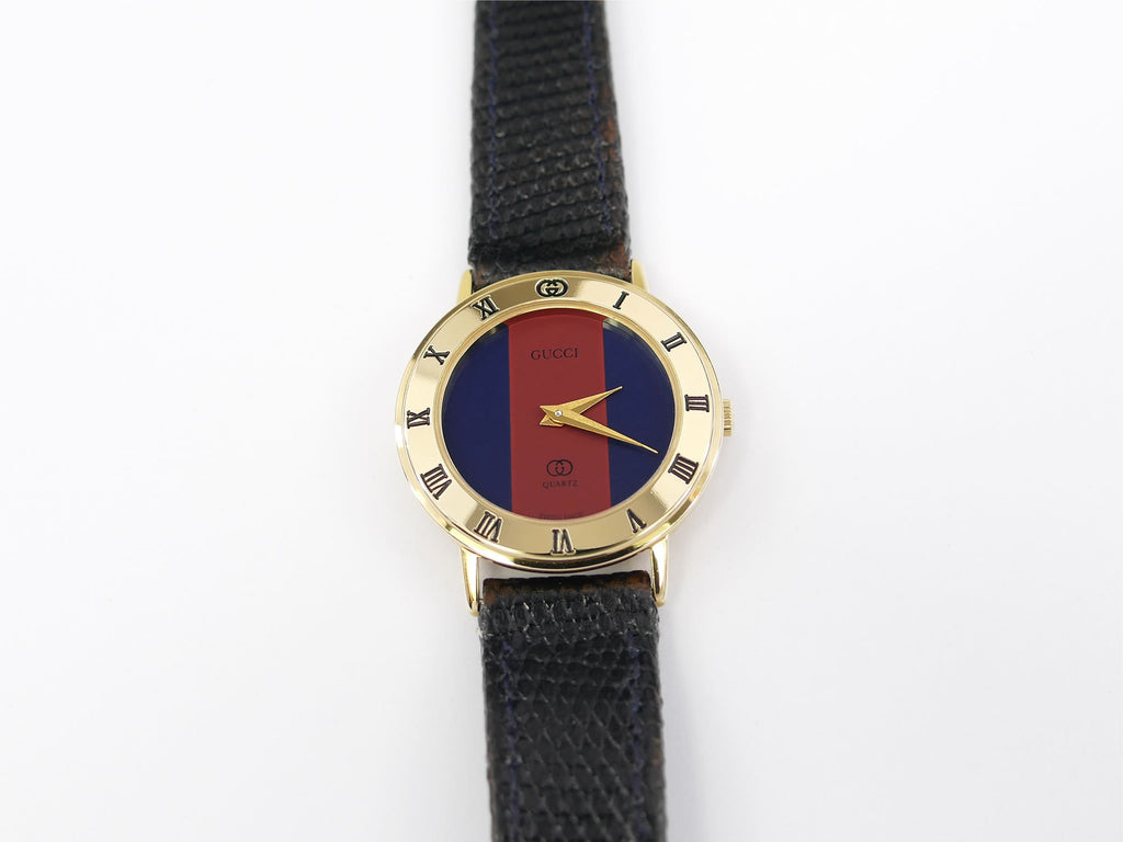 Gucci 3000L Red / Blue Dial 18k Gold Plated