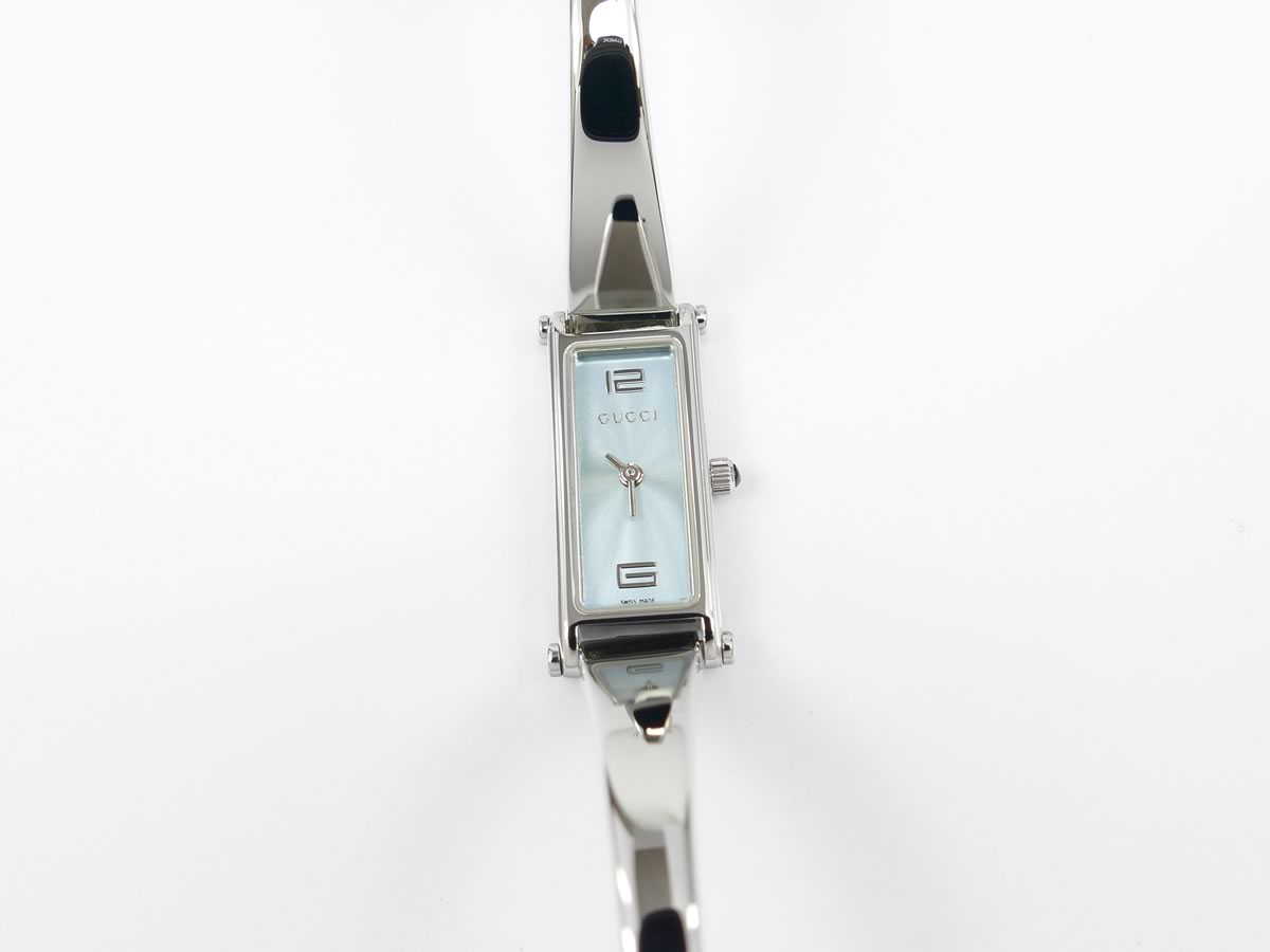 Gucci 1500 L Blue Rectangular Sunburst Dial on Stainless Steel Bangle YA015536