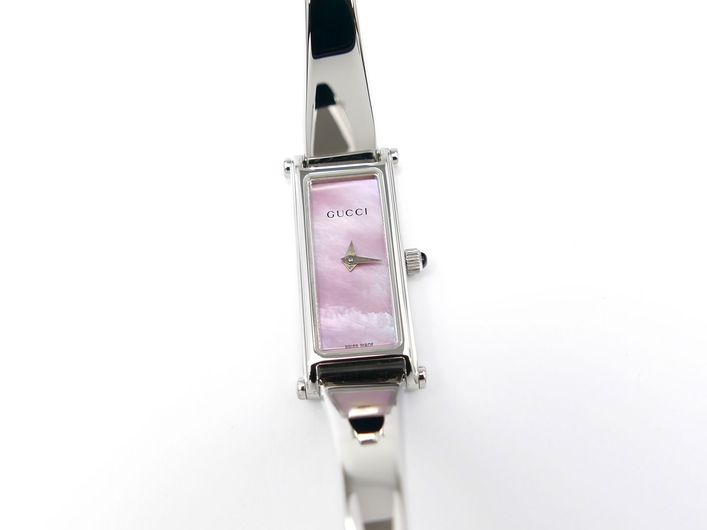 Gucci 1500 L Pink Mother of Pearl Rectangular Dial on Stainless Steel Bangle