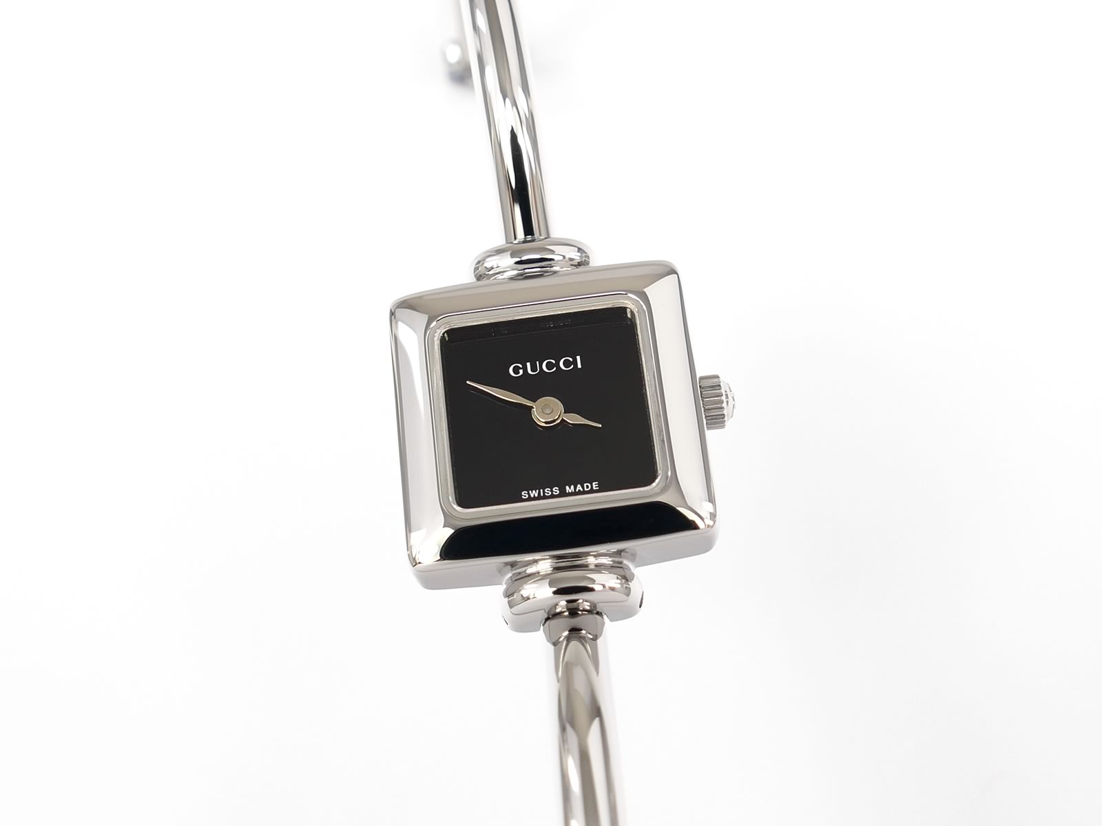 Gucci 1900L Black Dial Square Watch on Stainless Steel Bangle