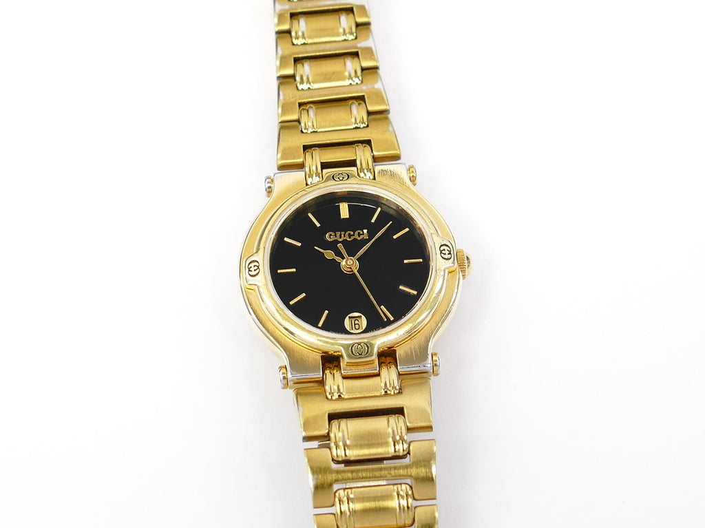 Gucci 9200L Black Dial on 18k Gold Plated Bracelet