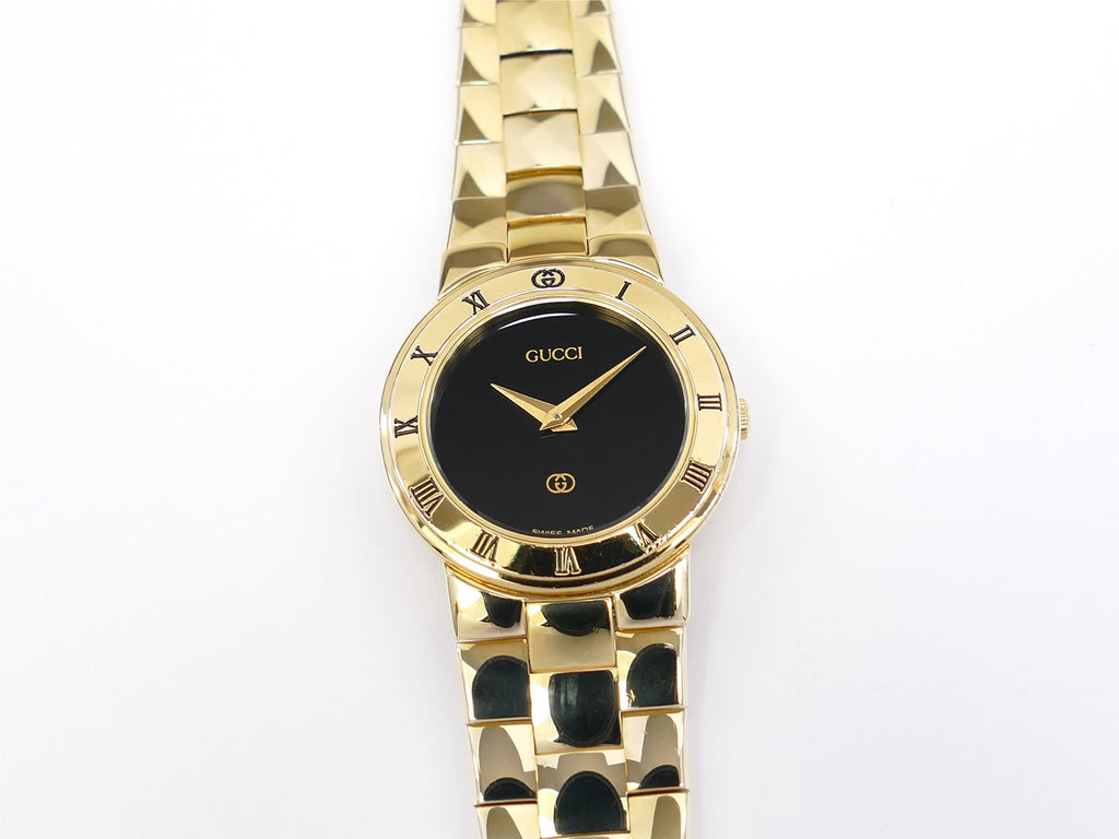 Gucci 3300L Black Dial 18k Gold Plated Bracelet Watch