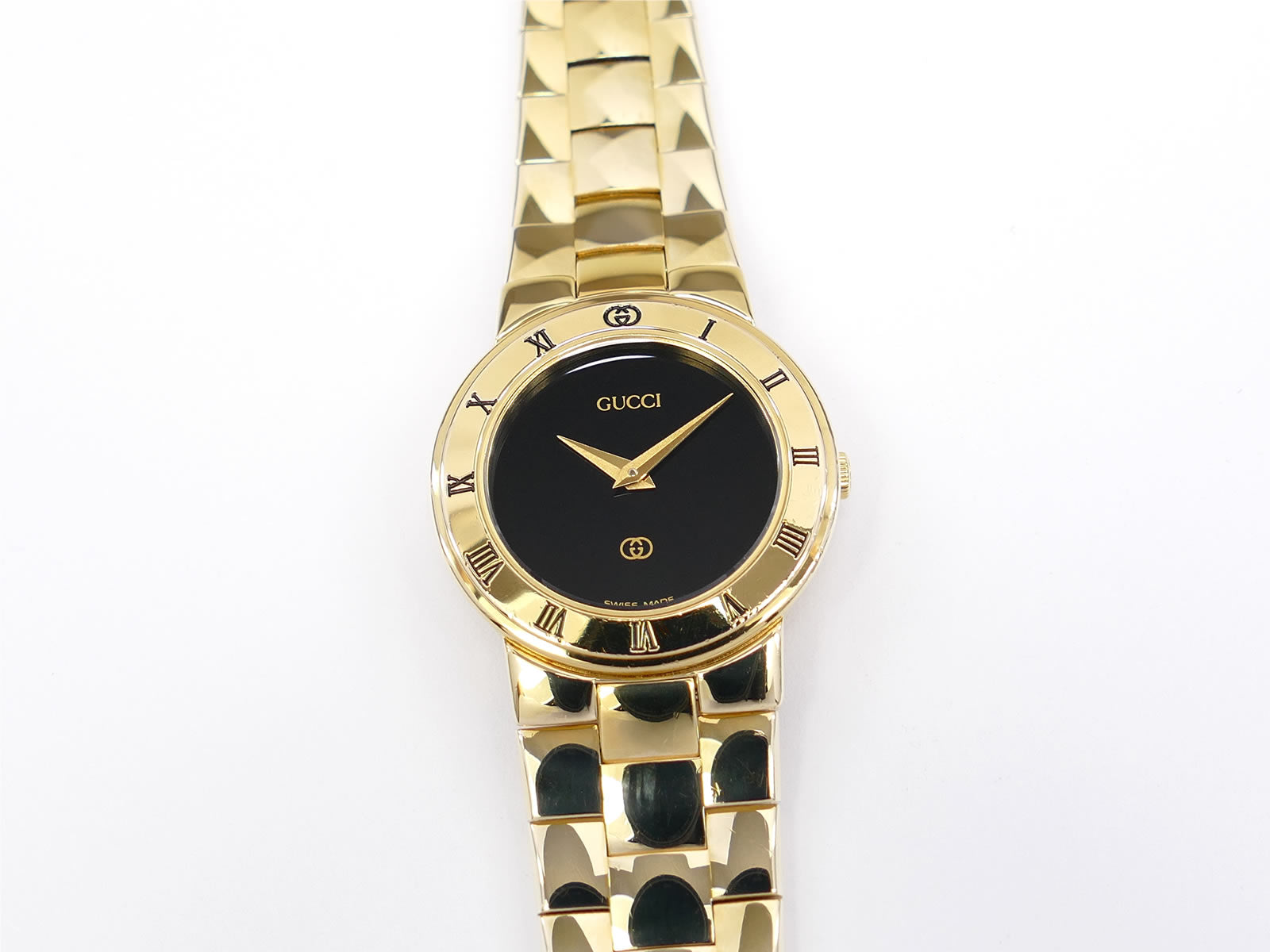 Gucci 3300L Black Dial 18k Gold Plated Bracelet Watch