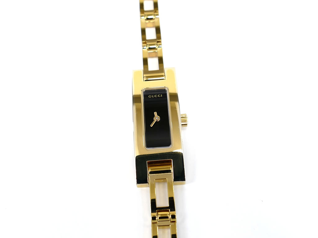 Gucci 3900 L Black Dial 18k Gold Plated Rectangular Bracelet Quartz Watch Boxed