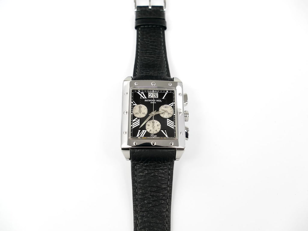 Raymond Weil Tango Chronograph Black 4881-STC-0020 rectangular guilloche dial with silver sub dials