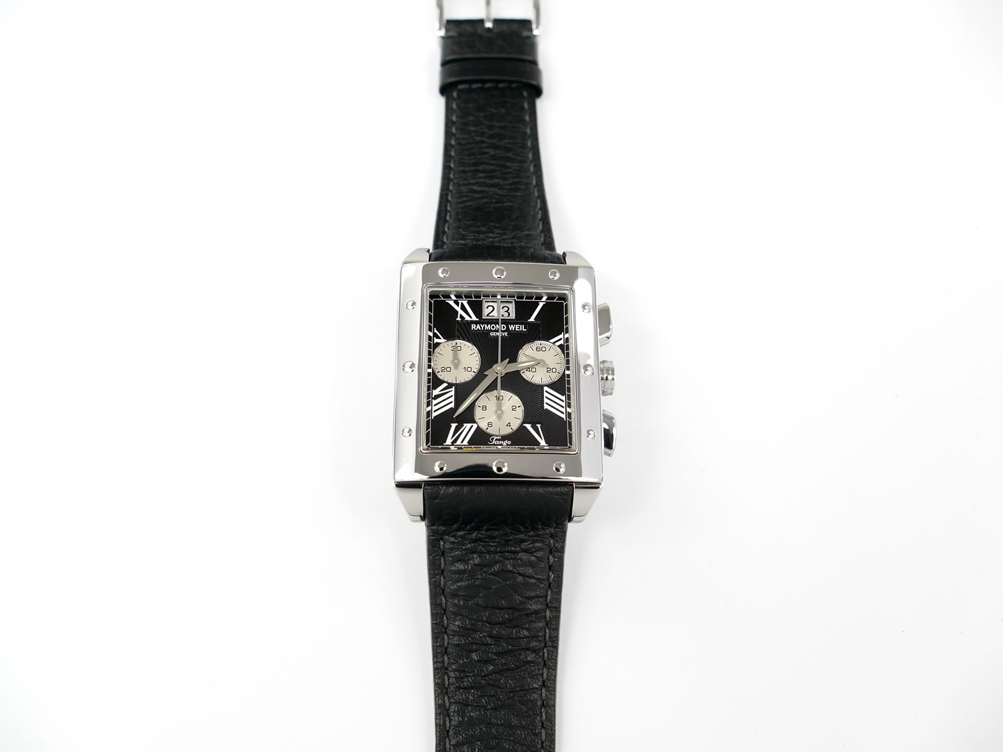 Raymond Weil Tango Chronograph Black 4881-STC-0020 rectangular guilloche dial with silver sub dials