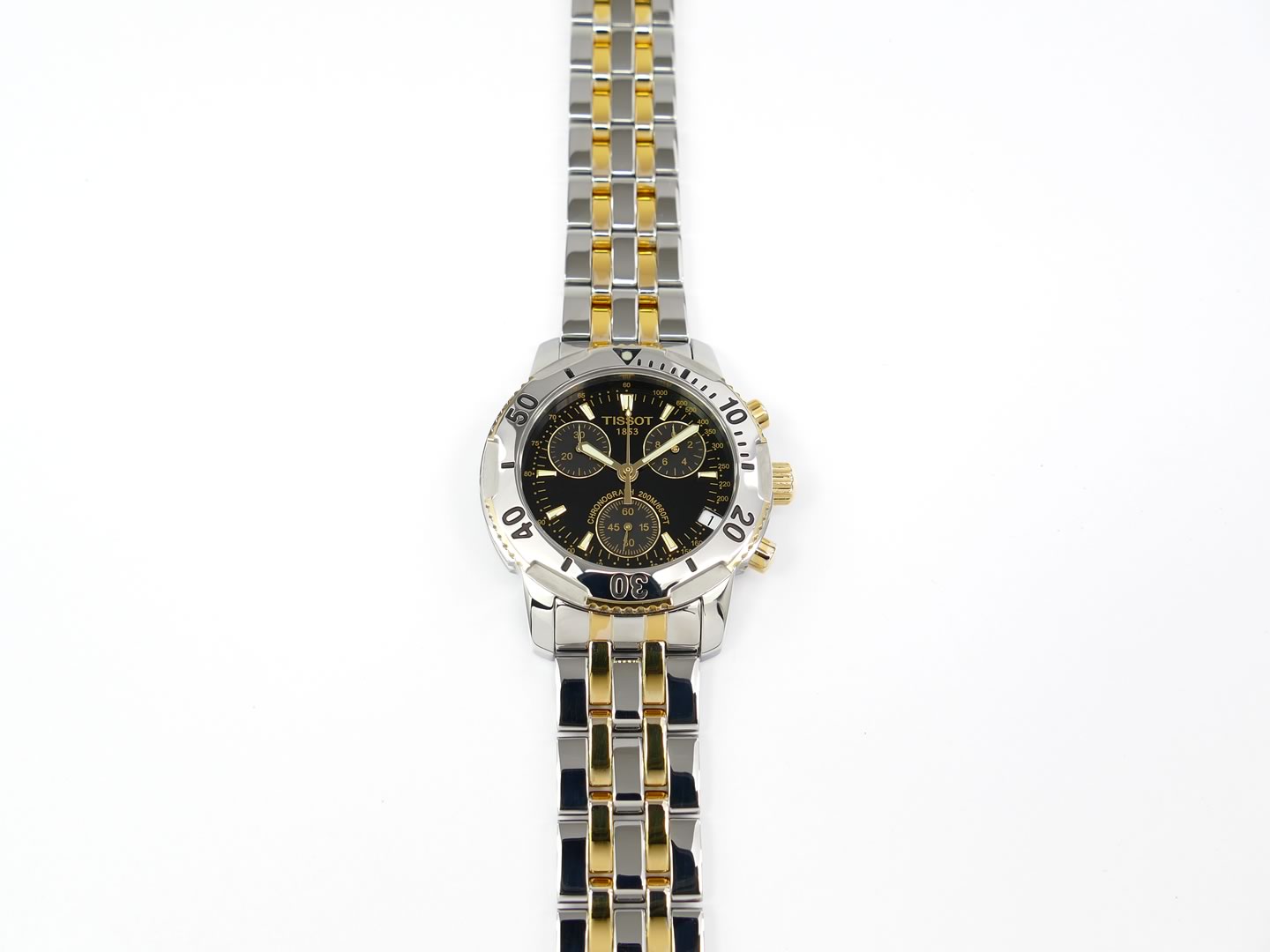 Tissot T-Sport PRS200 Chronograph Black & 18k Gold with rotating bezel and tachymeter