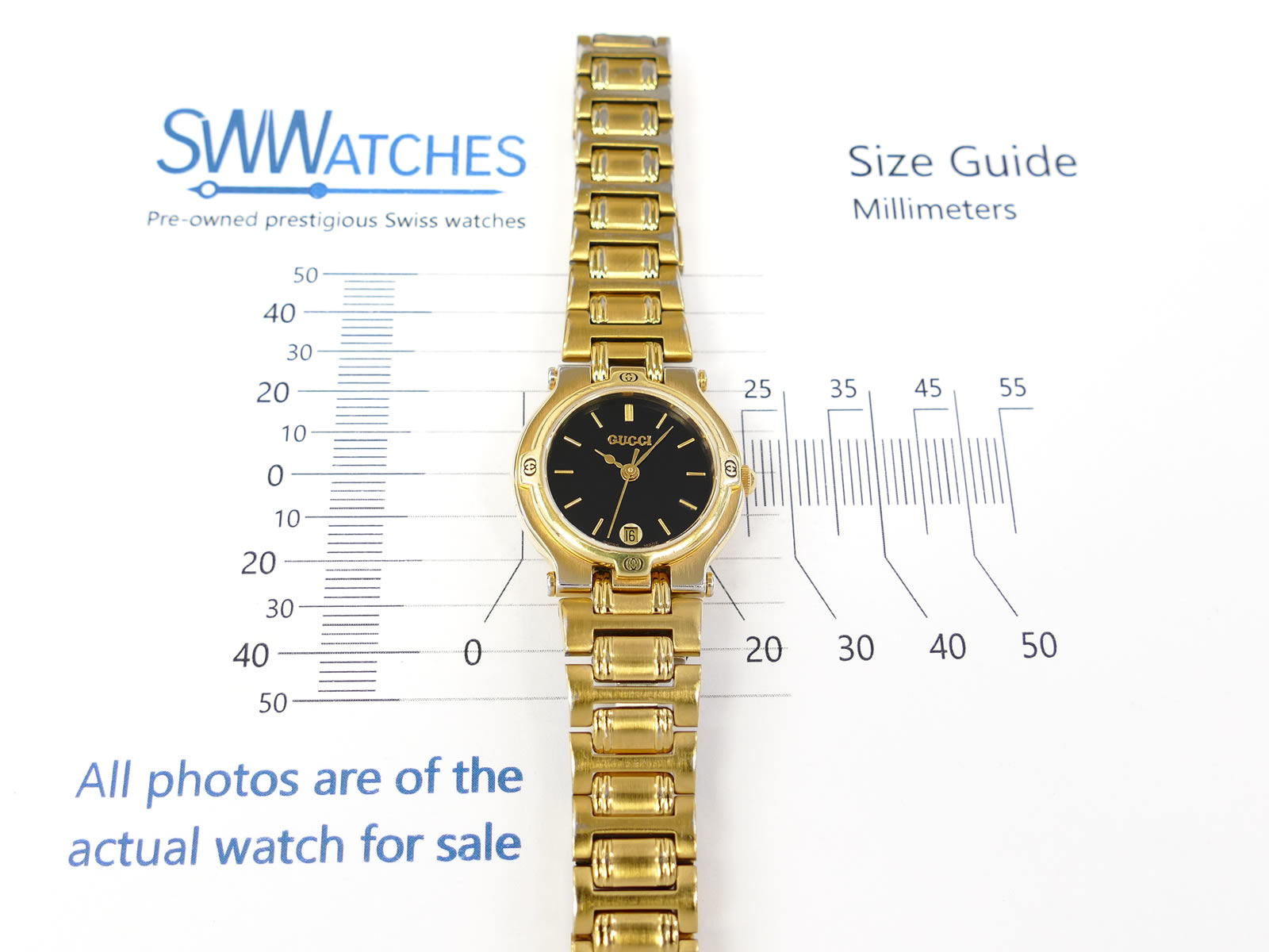 Gucci 9200L Black Dial on 18k Gold Plated Bracelet with Date