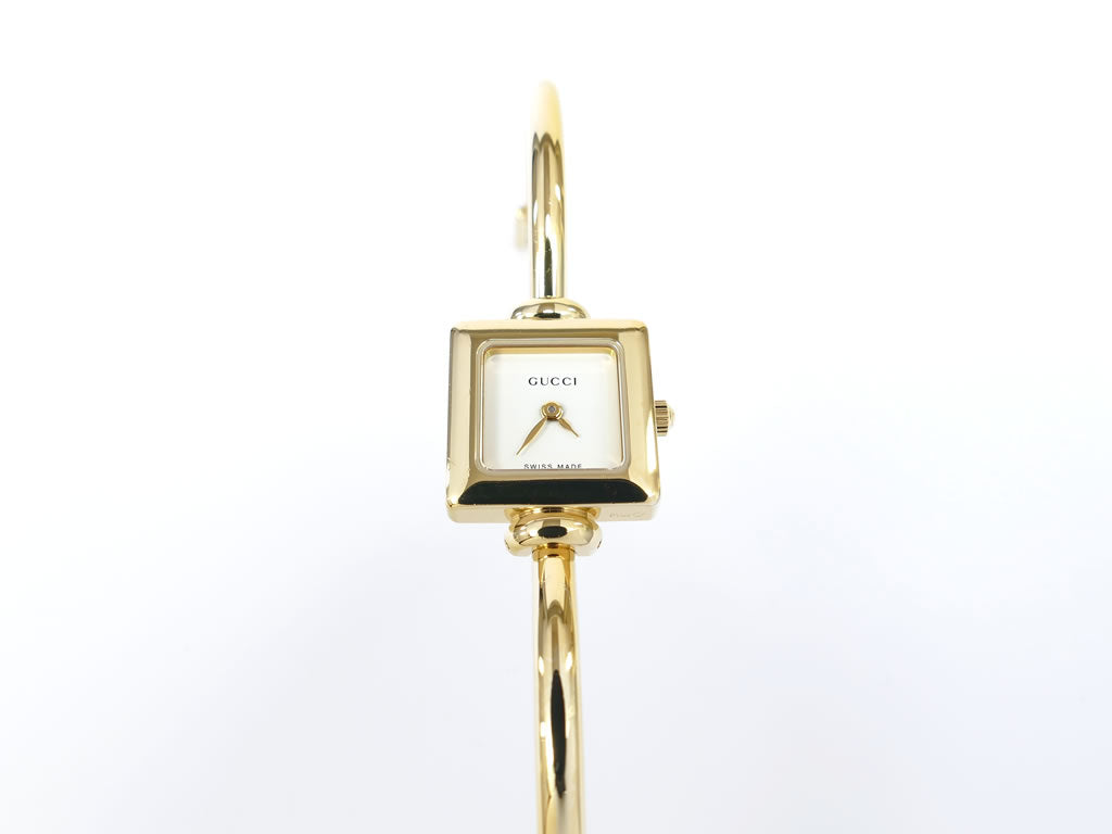Gucci 1900L White Dial 18k Yellow Gold Plated Bangle Quartz Watch Square