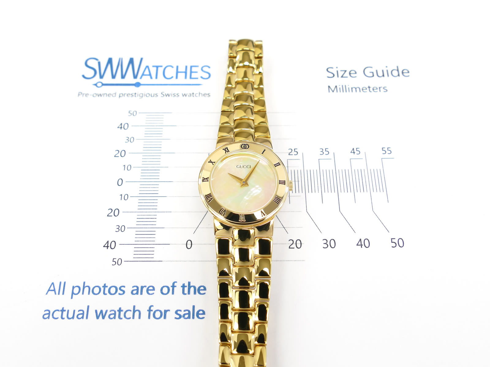 Gucci 3300L White Mother of Pearl Dial 18k Gold Plated 25mm Case