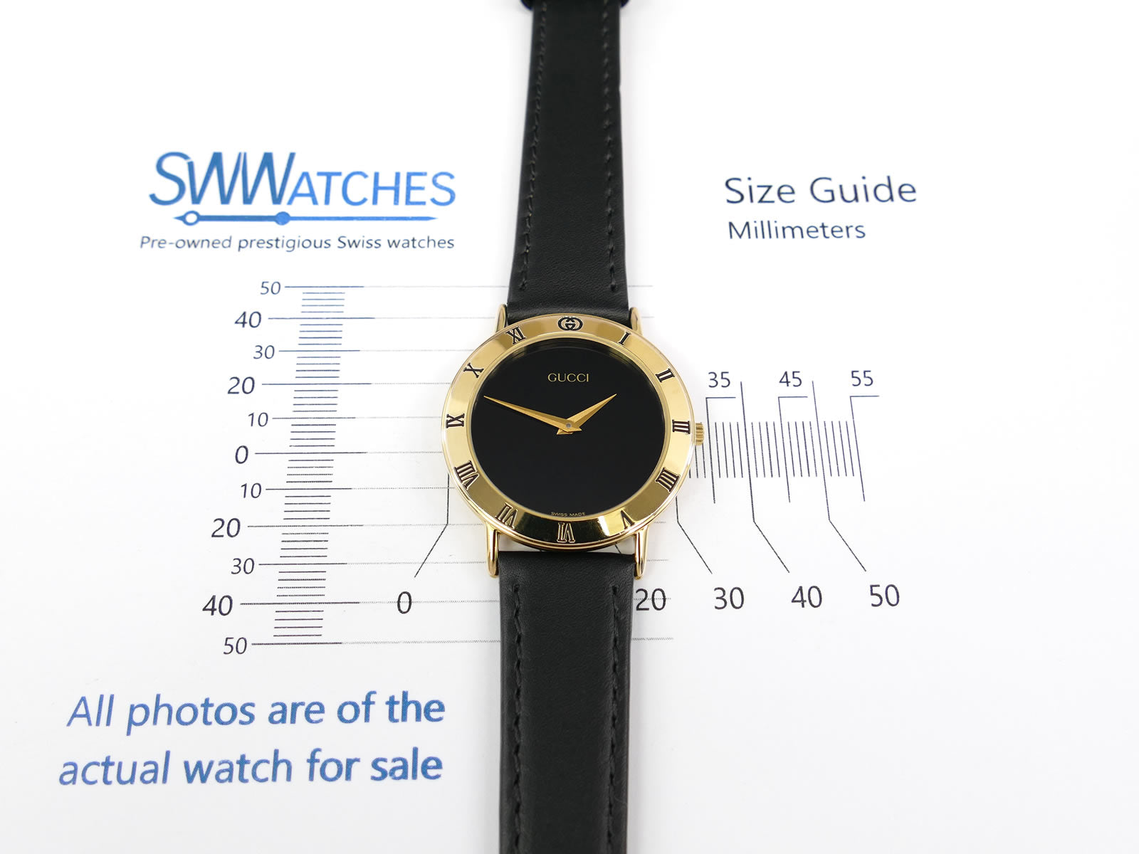 Gucci 3000M Black 18k Gold Plated 33mm - Roman Numeral 3000.2.M