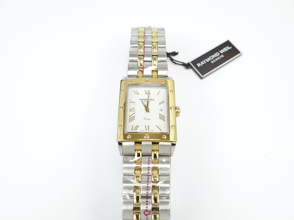 Raymond Weil Tango 5381-STP-00308 rectangular case with date and gold bezel