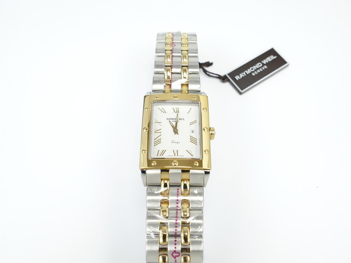 Raymond Weil Tango 5381-STP-00308 rectangular case with date and gold bezel