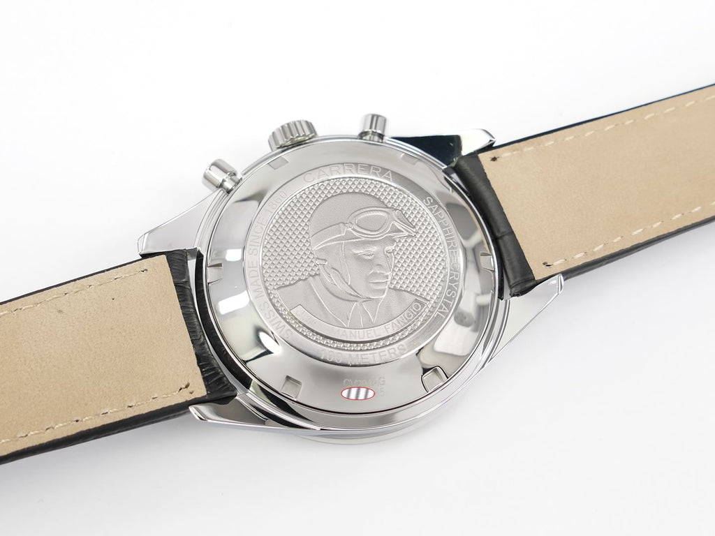 TAG Heuer Carrera Calibre 16 CV201AG screw down case back with Juan Manuel Fangio
