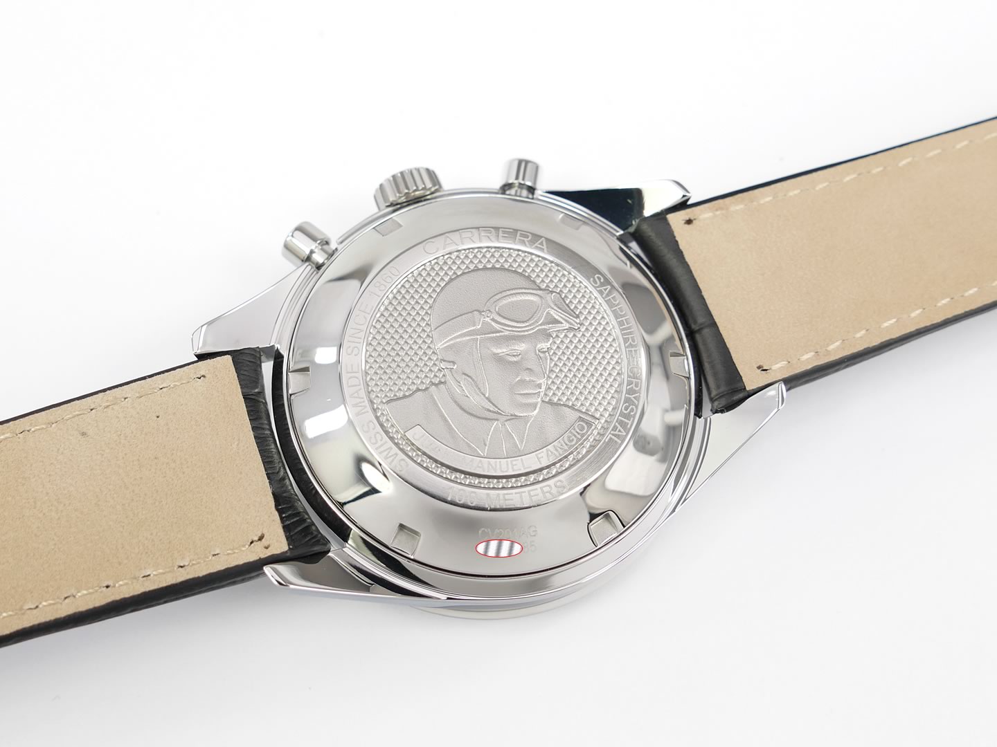 TAG Heuer Carrera Calibre 16 CV201AG screw down case back with Juan Manuel Fangio