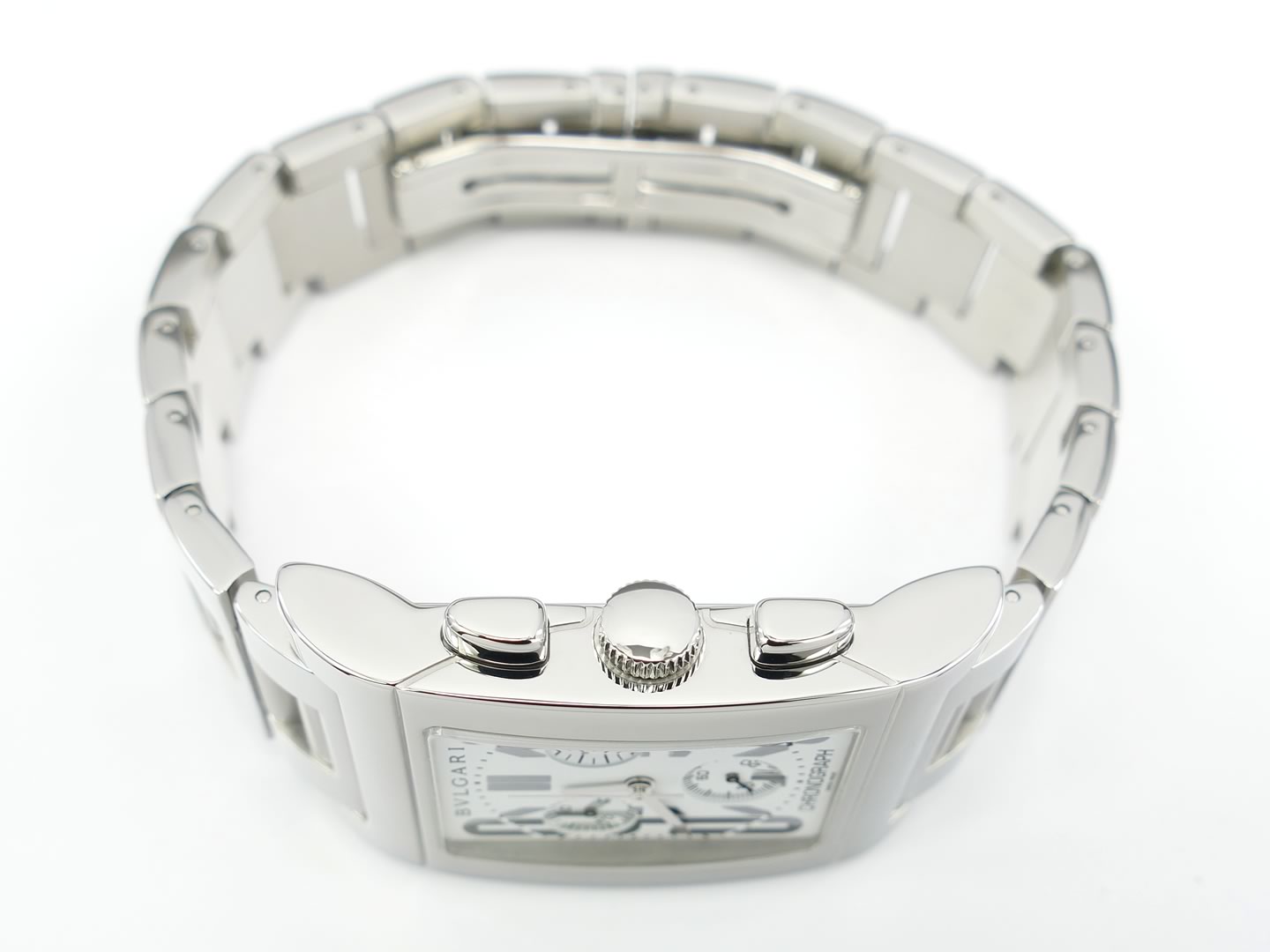 Bulgari Rettangolo White Chronograph RTC49S stainless steel pushers and crown