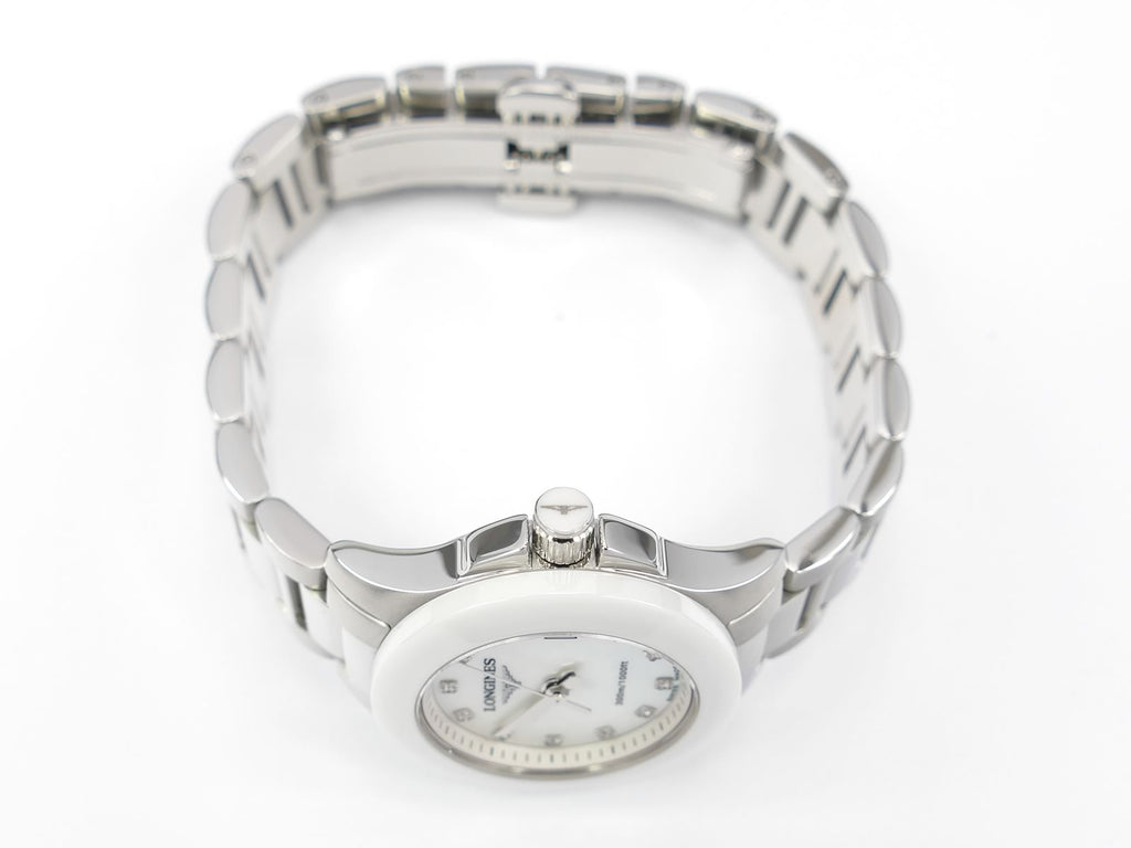 Longines Conquest L3.157.4 screw down white ceramic crown