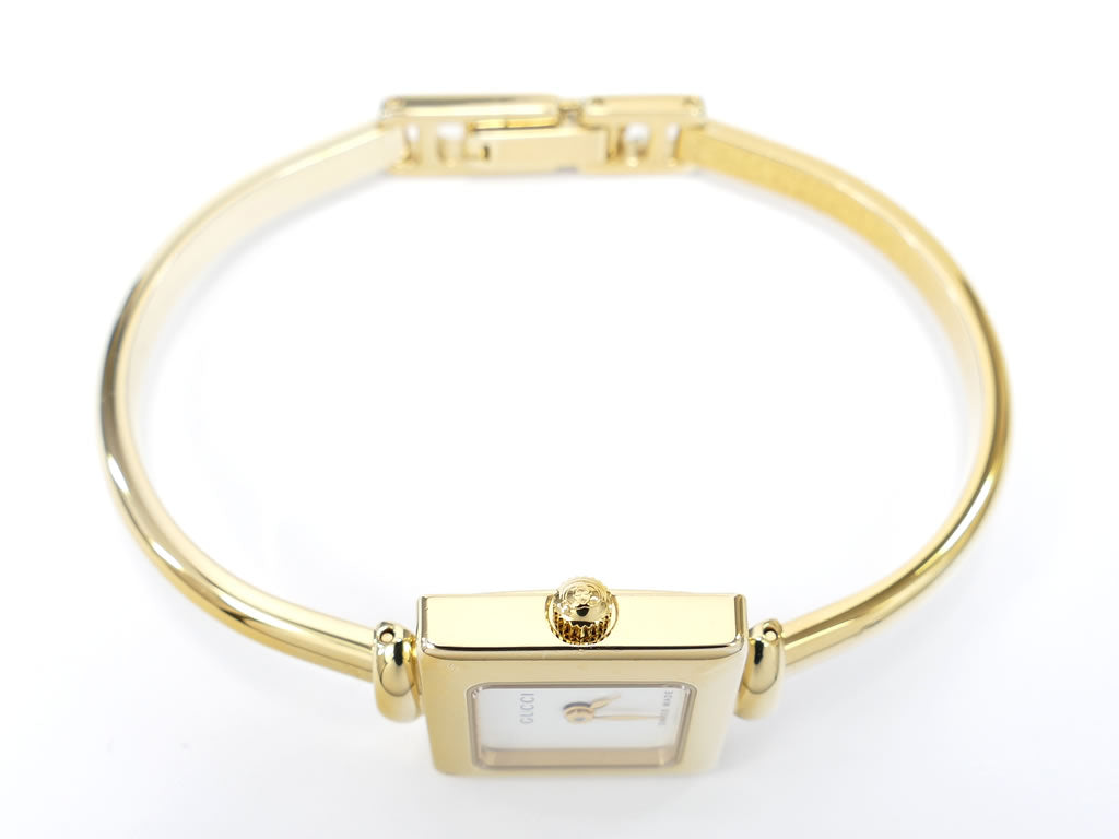 Gucci 1900L White Dial 18k Yellow Gold Plated Bangle Quartz Watch Square